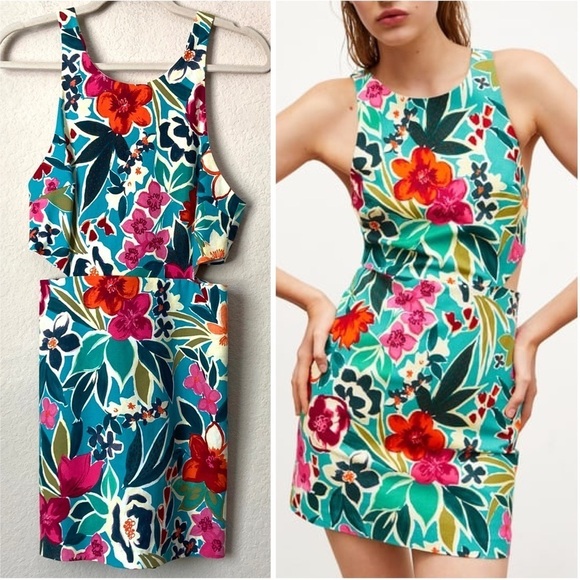 Zara Bold Tropical Floral Sleeveless Cut Out Skort Romper Mini Dress - Picture 1 of 15